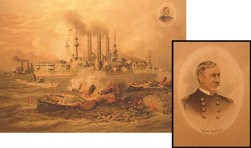 Chromolithographic Print: "Destruction of Admiral Cervera's Fleet at Santiago De Cuba, July 3rd, 1898" showing battle scene and inset at upper right is circular portrait of W.(infield) S.(cott) Schley (1839-1909)