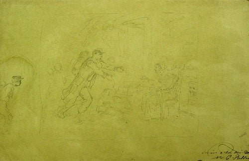 Item #41509 Pencil sketch: Depicting a soldier rushing into the arms of a seated woman. Joseph Louis Hippolyte Bellangé, French.