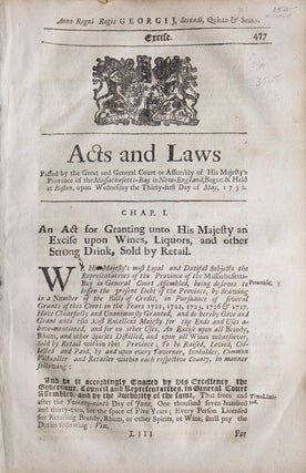 Item #10065 Acts and Laws ... An Act for Granting unto His Majesty an Excise upon Wines, Liquors,...