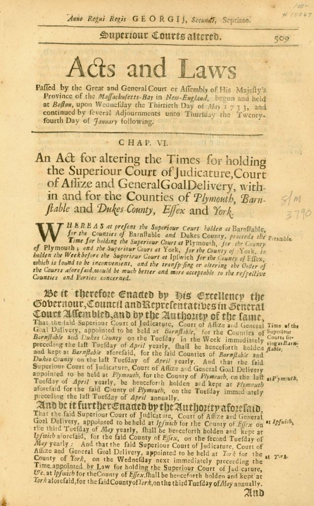 Acts and Laws, May 30, 1733-January 24, 1734, pp. 509-510
