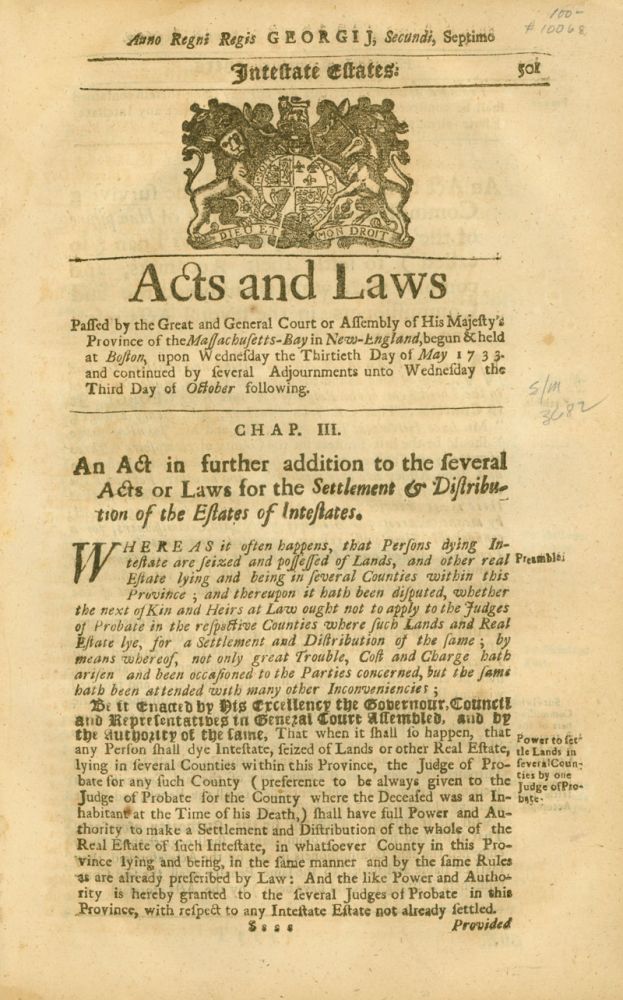 Acts and Laws, May 30-October 3, 1733,