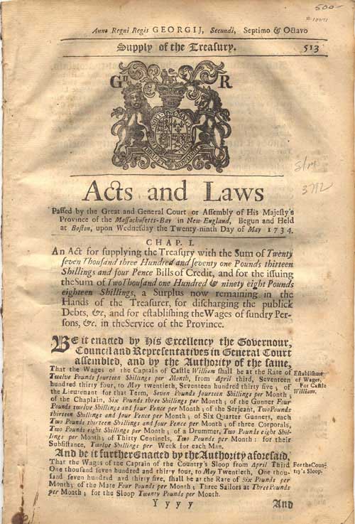 Item #10071 Acts and Laws, May 29, 1734, pp. 513-525. Massachusetts Colony Session Laws.