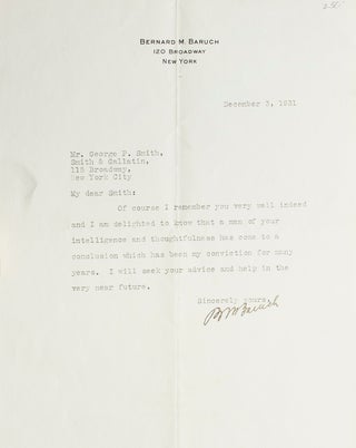 Item #10997 One-page Typed Letter Signed (“B M Baruch”) to George P. Smith, on 120 Broadway...
