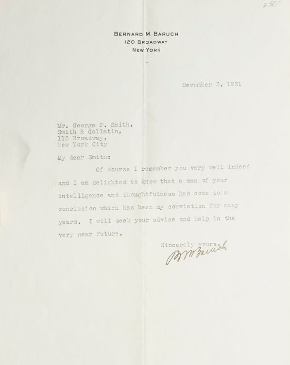Item #10997 One-page Typed Letter Signed (“B M Baruch”) to George P. Smith, on 120 Broadway stationery. Bernard Baruch.