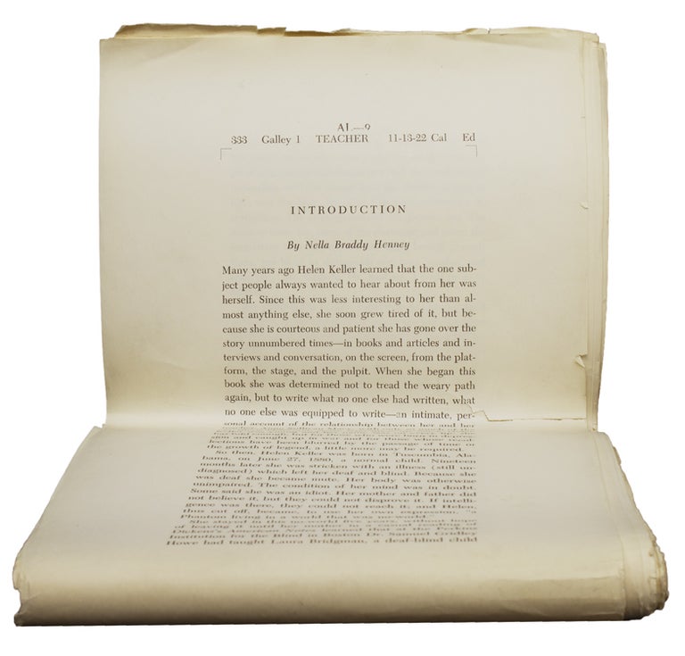 Item #11923 Publisher's galleys for Keller's book “Teacher: Anne Sullivan Macy”. Helen Keller.