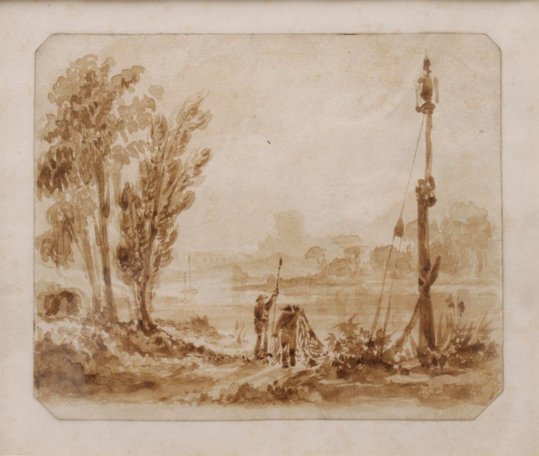 Gathering the Nets, brush and sepia wash, inscribed on backing with “397” and collector’s stamp verso