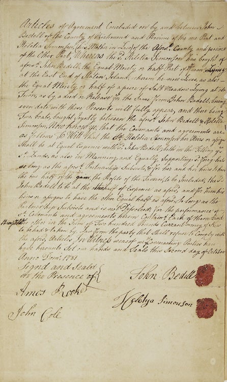 Manuscript Document, Covenant between John Bedell and his mother-in-law, Helethay Simonson, to share profits and expenses of jointly owned property on Staten Island
