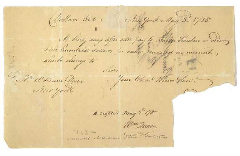 Manuscript Document, bank draft on the Bank of New York for $500 to the order of BARON STEUBEN, docketed on rear by Steuben