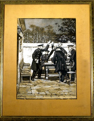 Item #12681 FINE GOUACHE ILLUSTRATION OF FRENCH MILITARY VETERANS DRINKING IN A TAVERN COURTYARD,...