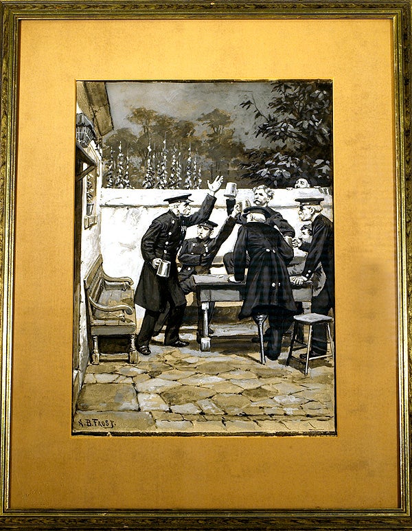 FINE GOUACHE ILLUSTRATION OF FRENCH MILITARY VETERANS DRINKING IN A TAVERN COURTYARD, SIGNED