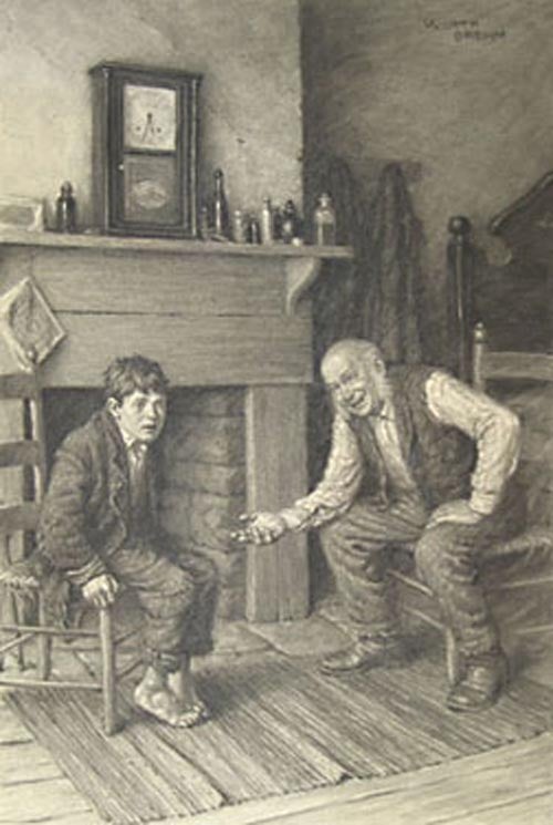FINE ORIGINAL CHARCOAL DRAWING, “MY BOY, DON'T BE AFRAID OF ME”, FROM THE ADVENTURES OF TOM SAWYER, signed upper right