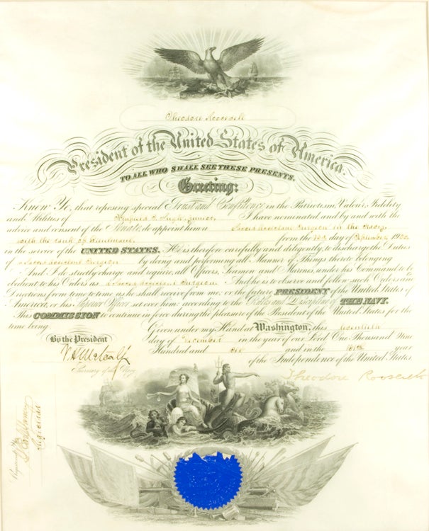 Item #12805 Partly printed document on vellum, appointing Winfield Scott Pugh, Jr. to Second Assistant Surgeon in the Navy with the rank of Lieutenant, signed by Theodore Roosevelt. Theodore Roosevelt.