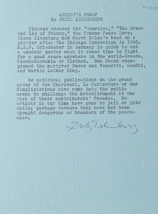Item #12863 Typed quotation, prepared by a collector, signed at the bottom (“Fritz Eichenberg”). Fritz Eichenberg.