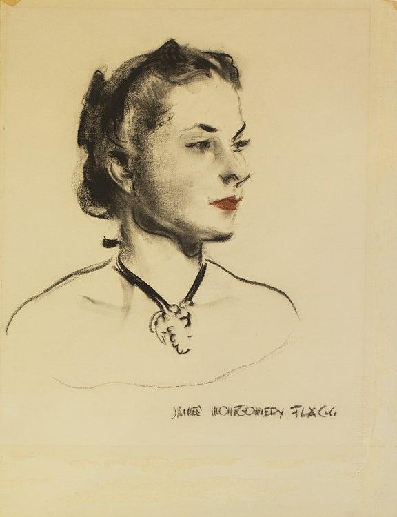 A FINE BLACK AND RED CHARCOAL RENDERING OF THE HEAD AND SHOULDERS OF A YOUNG WOMAN, signed “James Montgomery Flagg” at lower right