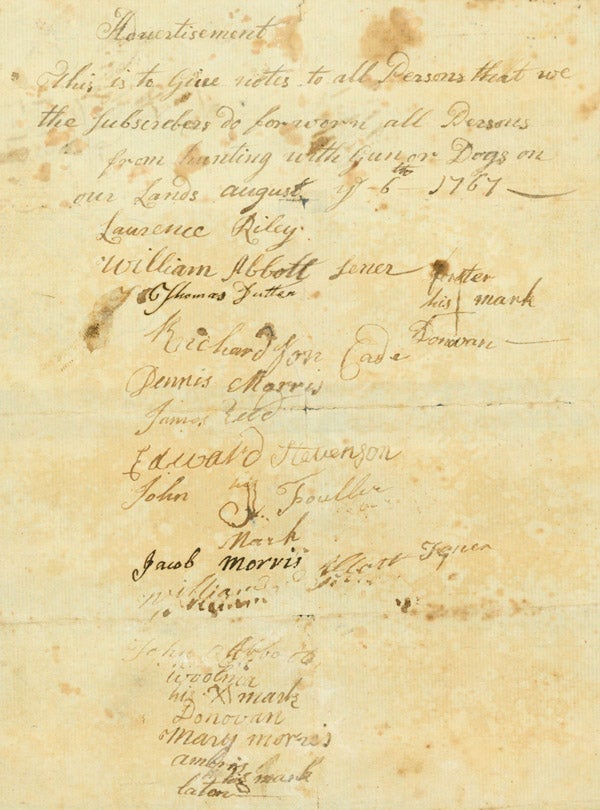 Autograph Notice forbidding hunting on the lands of 15 subscribers, headed “Advertisement” and likely intended for publication in a local newspaper