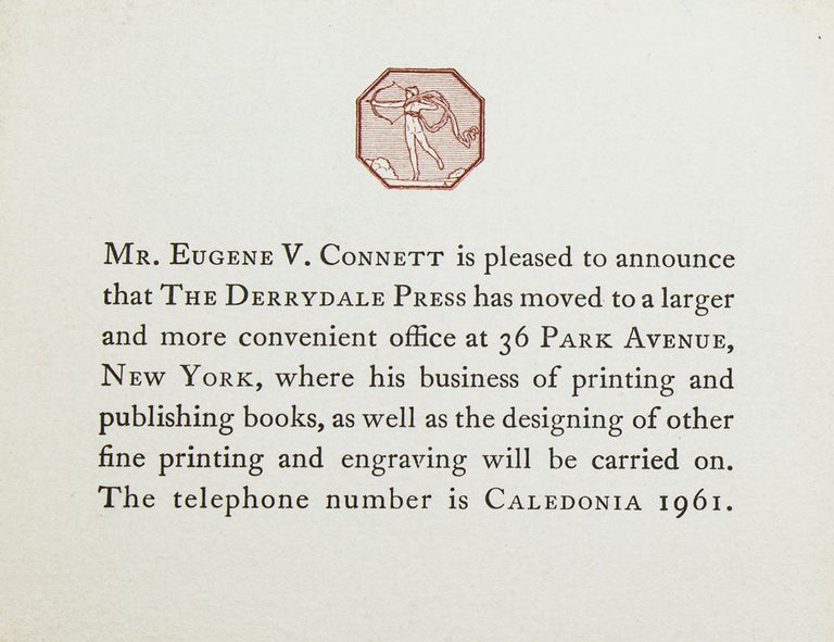 Printed notice of the removal of The Derrydale Press to 36 Park Avenue