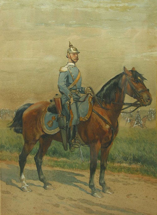 Original watercolor-on-paper of a Swedish Hussar, signed and dated at lower left and label lettered on the frame