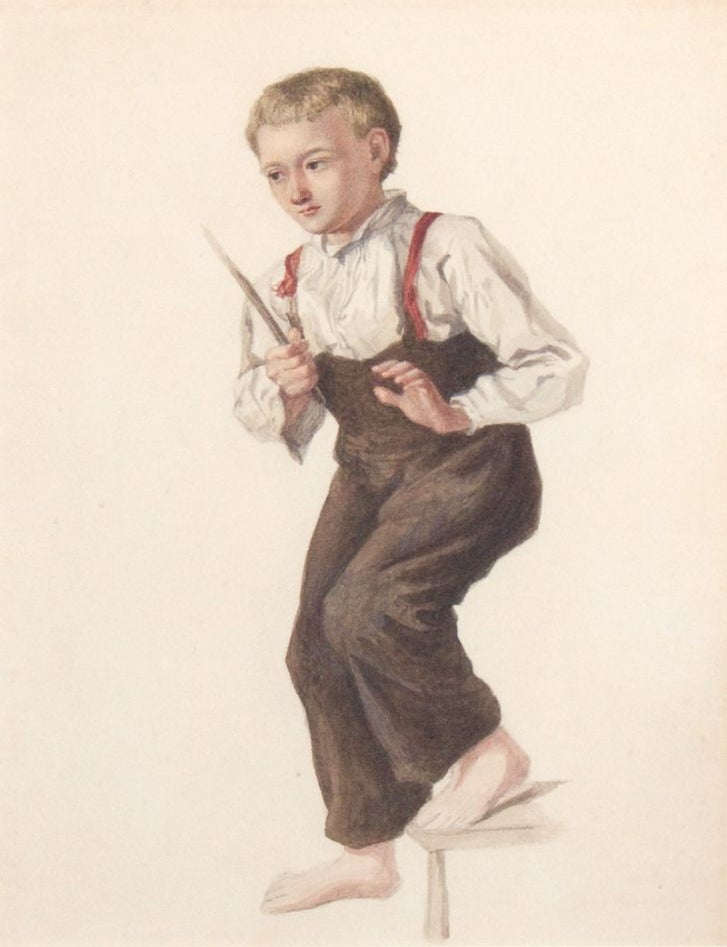 Young boy, barefoot, with stick on stair. Full Figure