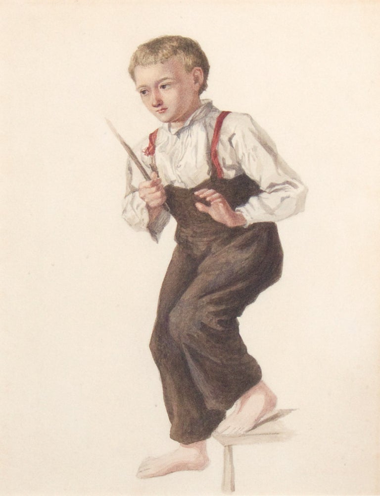 Young boy, barefoot, with stick on stair. Full Figure