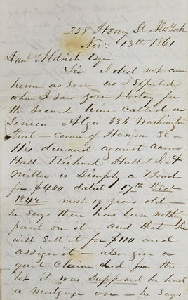 Item #14981 Autograph letter signed "J. W. Bishop" to Daniel Aldrich, a lawyer in Warren or...