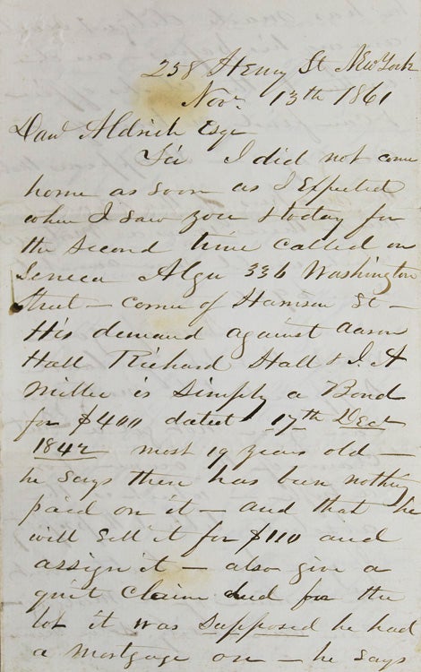 Autograph letter signed "J. W. Bishop" to Daniel Aldrich, a lawyer in Warren or Washington Counties, New York