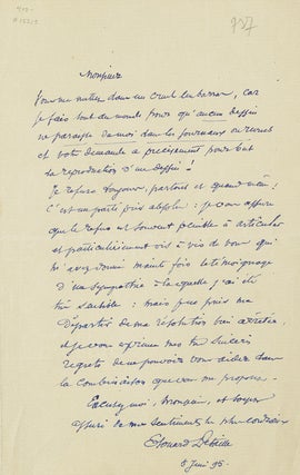 Item #15215 Autograph Letter, signed, to unidentified an correspondent, regretfully declining to...