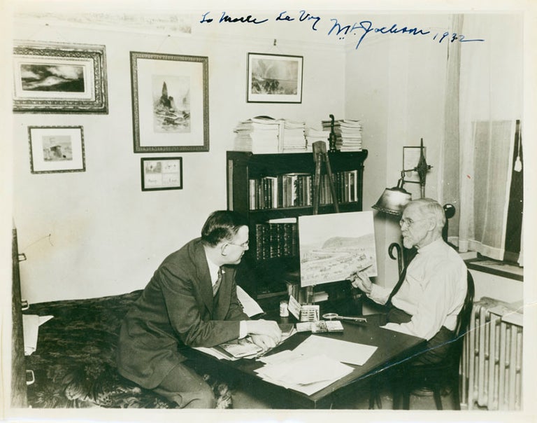 Item #15565 William A. Jackson: Photograph of the celebrated Western artist, seated painting in watercolor at his easel at home, in the company of famous photographer Merle La Voy, inscribed “To Merle La Voy, Wm. A Jackson, 1932” at top. William A. Jackson.