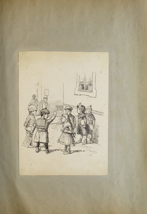 Album of 89 original pen and ink drawings, probably used as the illustrations to captioned cartoons, all but a few signed in lower margins, the album lettered “Jllusztrációk 1890-1900 Cserépy 1”