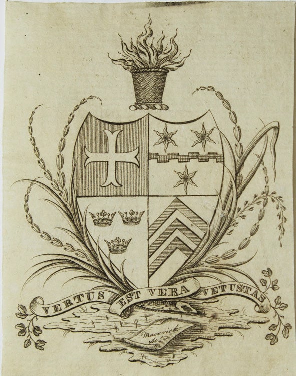 Item #17159 Engraved armorial bookplate of K[illian] K. Van Rensselaer of New York, with the motto “Vertus est vera vetustas,” engraved by [Peter] Maverick on an open scoll, ribbon and wreath. Early American Bookplate.
