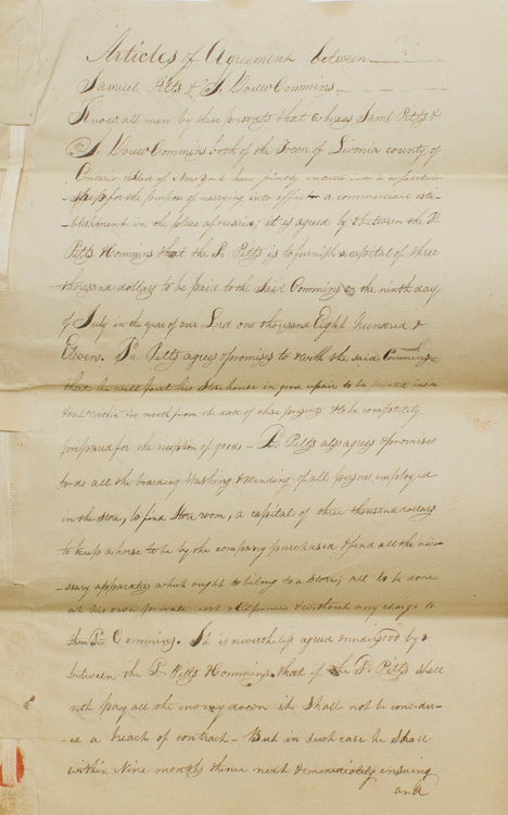 Retained copy of the Articles of Agreement between Samuel Pitts and Jedidiah Down Commins, both of Livonia, New York in establishing their store, 6 pages