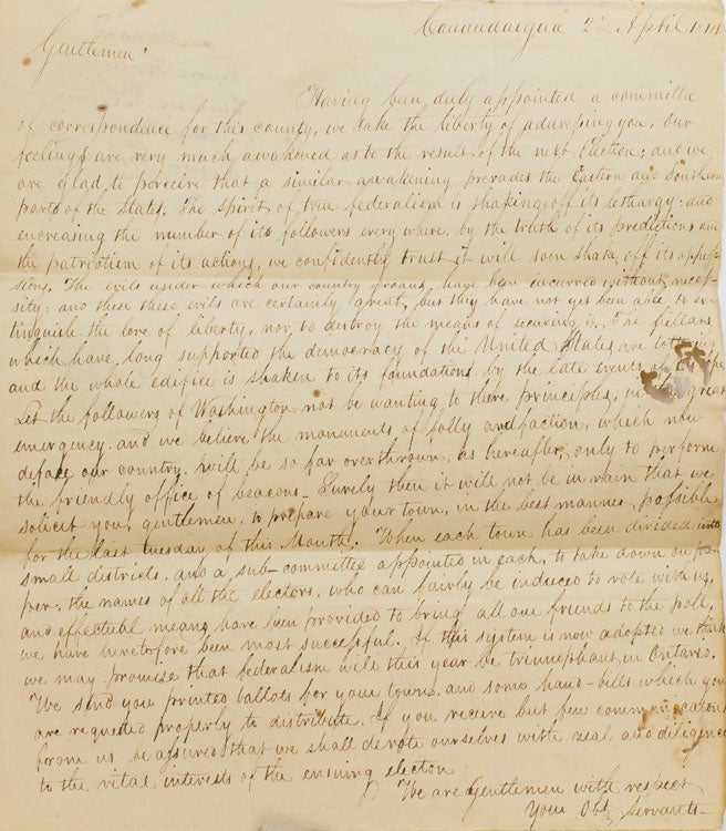 Manuscript political Circular, with integral address leaf, addressed to Messrs Clement Leach, Jedediah D. Commins & Jacob Stevens, Lima [Livonia] from William Shepard, Myron Holley, Henry F. Penfield, Dudley Marvin and Ebenezer F. Norton, one page