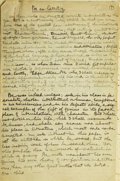 A group of items from Carroll A. Wilson including his autograph manuscript for “Poe as Detective” which is about 23 pages, several paste-ons and notations, apparently for a speech