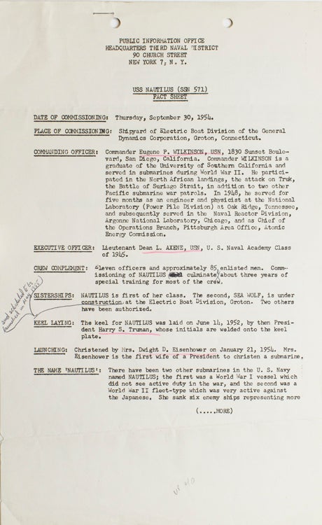 USS Nautilus: Fact Sheet issued on the occasion of her comissioning September 30, 1954
