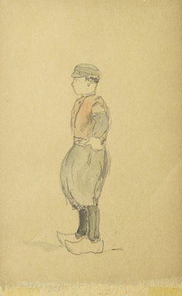 Item #17875 Original pencil and watercolor drawings of a young boy in wooden shoes, one a view...