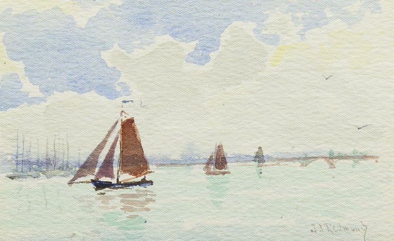 Item #17876 Original watercolor sketch showing sailing boats in a harbor, signed “J. J. Redmond”. J. J. Redmond.