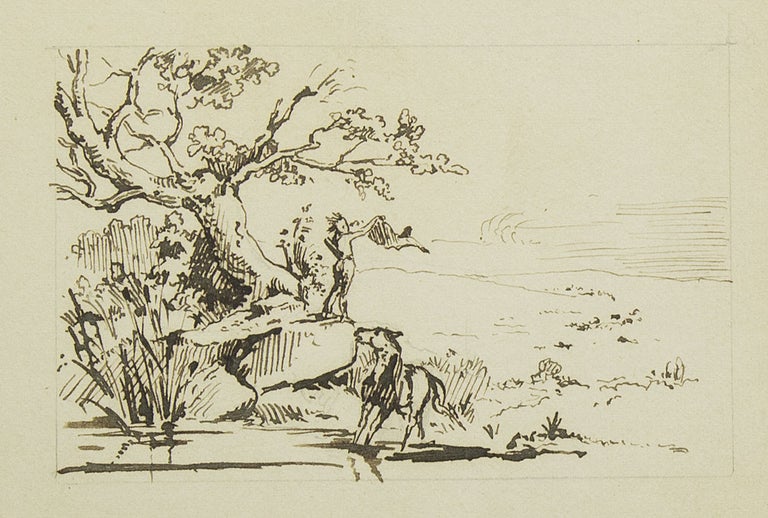 Item #17879 Original finely drawn sepia pen and ink drawing showing an Indian Brave signaling with a blanket, standing next to a tree with his horse nearby. Drawing.