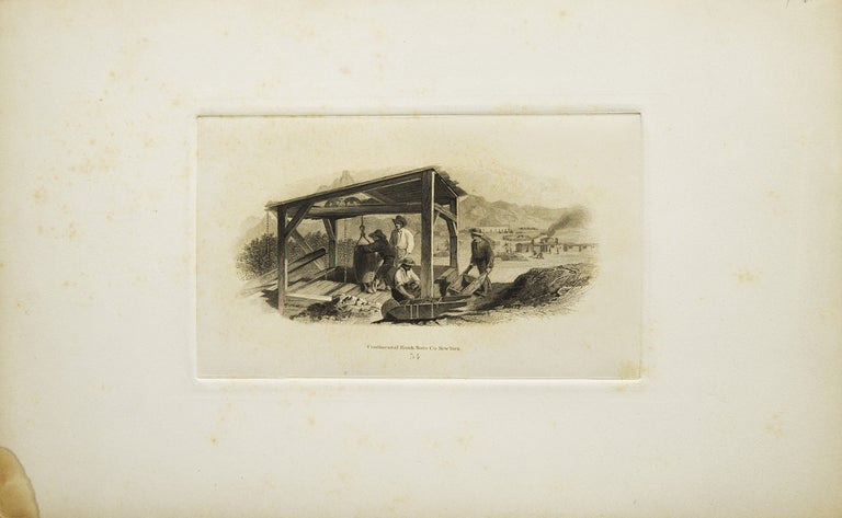 Item #17887 An engraving of four men, two with wheelbarrows of dirt, one supervising and the other directing the raising of the barrel from the shaft, settlement and mountains in the background, gentlemen who is supervising is wearing cowboy hat, appears to be an American Western Scene. Mining.