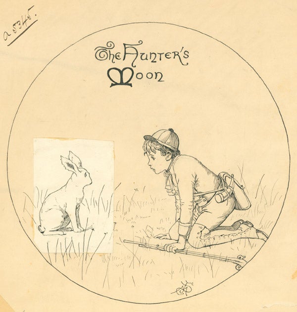 An original pen and ink drawing captioned “The Hunter's Moon,” signed with monogram “J,” “M,” small raised ‘c’ above J, with a reversed “S” showing a young boy with gun, cap, powder horn and bag in 19th century dress on the ground facing a rabbit. The rabbit is drawing on a paste-over, all within a circle, outside of circle are numbers “A5345,” stamp on the verso reading “Art Department, The Century Co., Union Square, New York City]