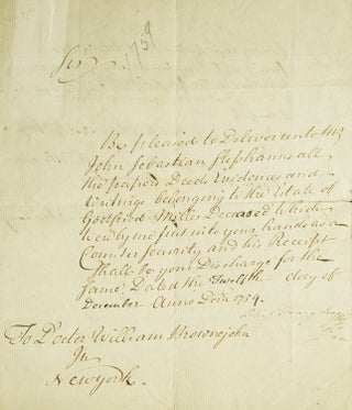 Item #17901 Document signed “Johann Sebastian Stephanus ,” one page. New York City, Johann...