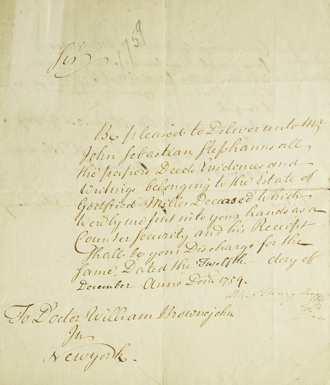 Item #17901 Document signed “Johann Sebastian Stephanus ,” one page. New York City, Johann Sebastian Stephanus.