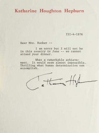 Item #17908 Typed letter, signed "Katharine Hepburn," To Mrs. [Isabel Leighton] Bunker. Katharine...