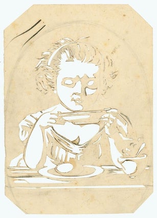 Item #17930 A fine example of the American cut-out showing a young girl, seated, sipping from a...