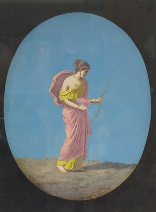 Item #18236 Diana: oil on board of the goddess of the chase, holding a bow and arrow; together...