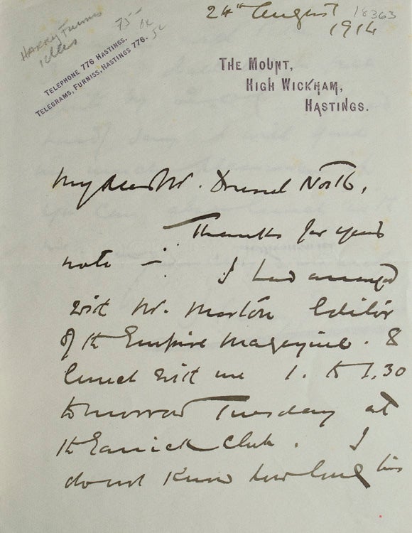 Autograph Letter Signed (“Harry Furniss”) to Drexel North