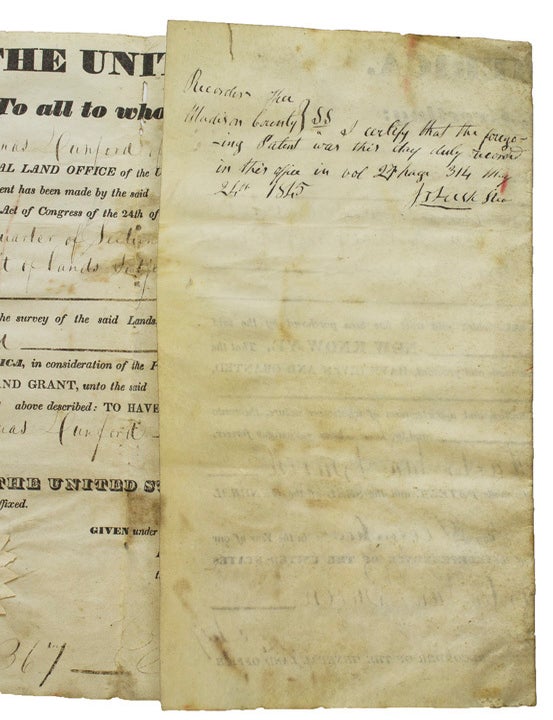 Printed Federal Land grant, accomplished for Thomas Dunford of Madison County, Illinois for lands at Edwardsville, Illinois with seal of land office affixed, with signature of D. M. Garland as Recorder of the General Land Office , signed with secretarial signature of Martin Van Buren, endorsed on the verso by the Recorder of Madison County