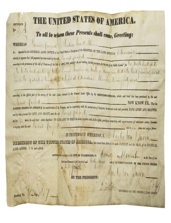 Printed Federal Land grant, accomplished for Thomas Dunford of Madison County, Illinois for lands at Edwardsville, Illinois with seal of land office affixed, with signature of D. M. Garland as Recorder of the General Land Office , signed with secretarial signature of Martin Van Buren, endorsed on the verso by the Recorder of Madison County