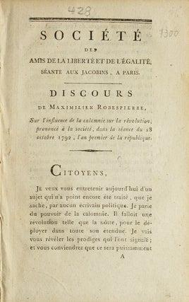 Item #18575 Discours...sur l'influence de la Calomnie sur la Révolution, prononcé à la...
