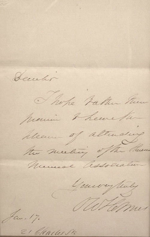 Autograph note signed (“O.W. Holmes”), to “Dear Sir”, from 21 Charles Street [Boston], January 17 [n.y.]