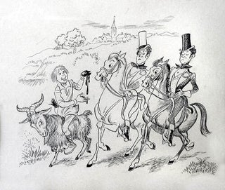Item #210167 Pen and ink illustration of a boy on a goat offering a mud pie to two effete young...