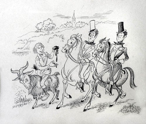 Pen and ink illustration of a boy on a goat offering a mud pie to two effete young men on horseback